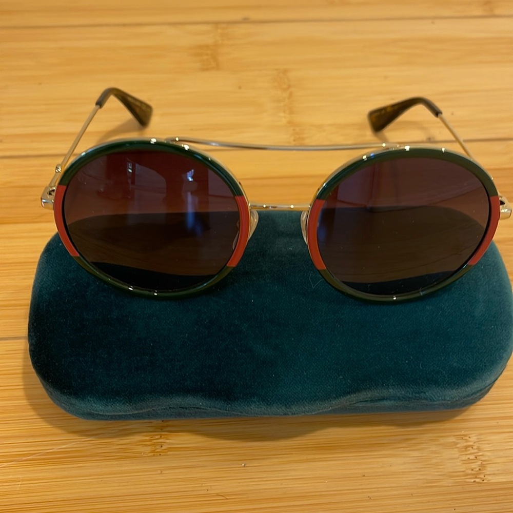 Women Round Metal Green Red Signature Gucci Authentic Sunglasses NWT